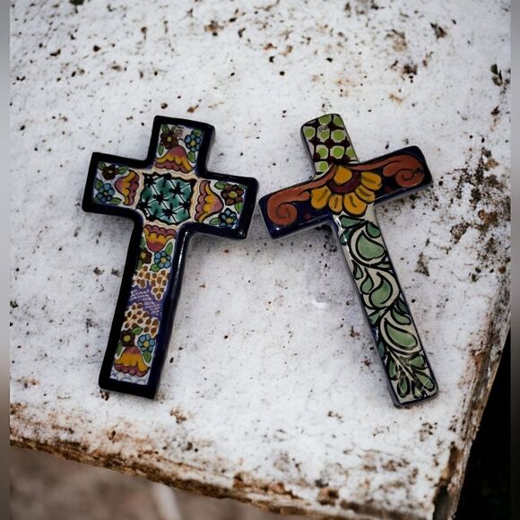 Talavera Mexican Handpainted 2pcs. Cross Set - Picture 1 of 7